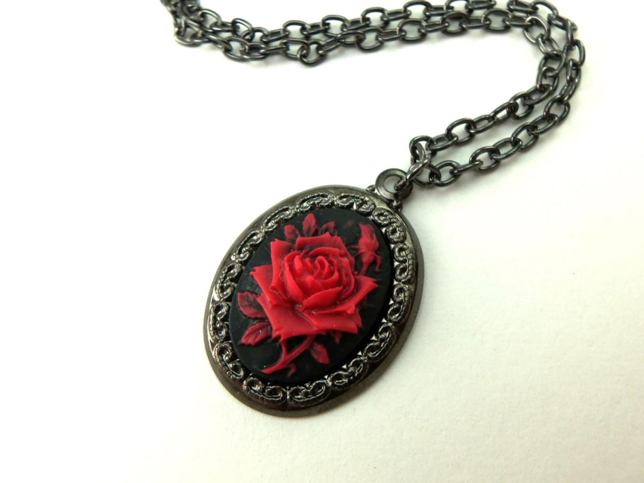 Victorian Cameo Necklace Dark Romantic Goth Necklace Dark Silver Gunmetal Red Rose Necklace