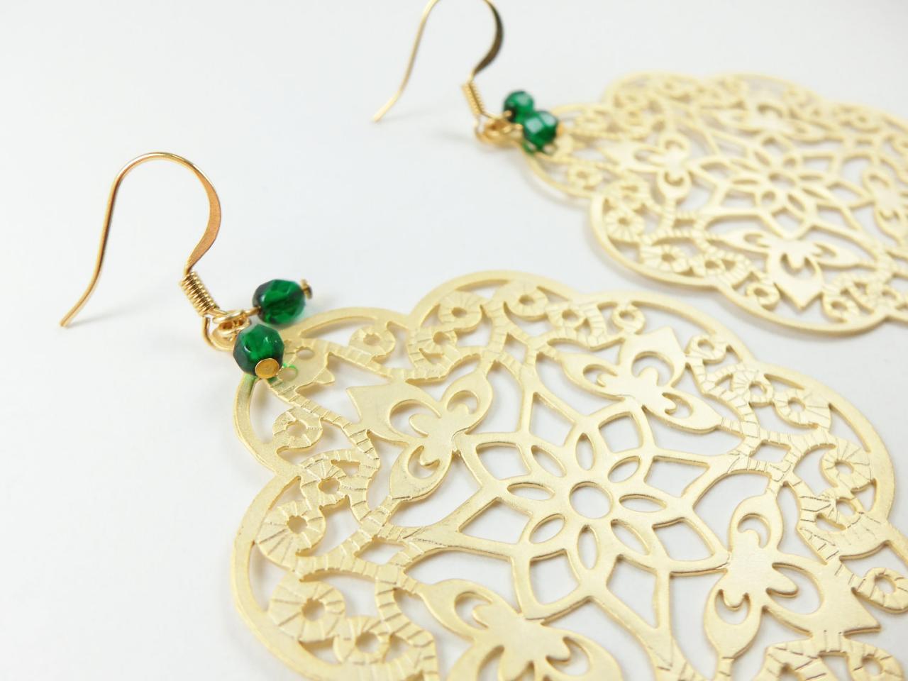Green Gold Earrings Filigree Boho Chic Large Statement Jewelry Metal