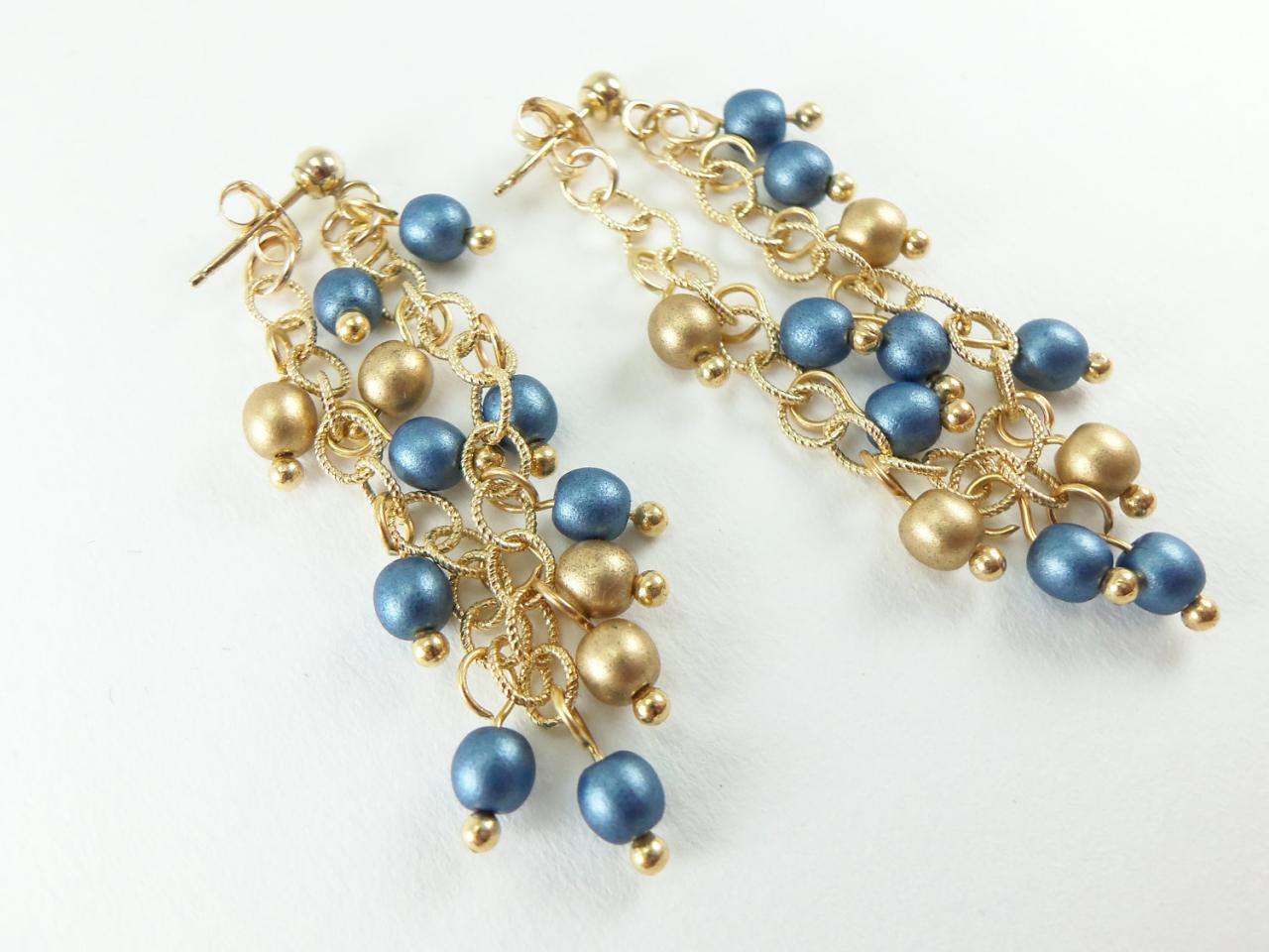 Blue Gold Chain Earrings Gold Long Dangle Earrings 14k Gold Beaded Earrings
