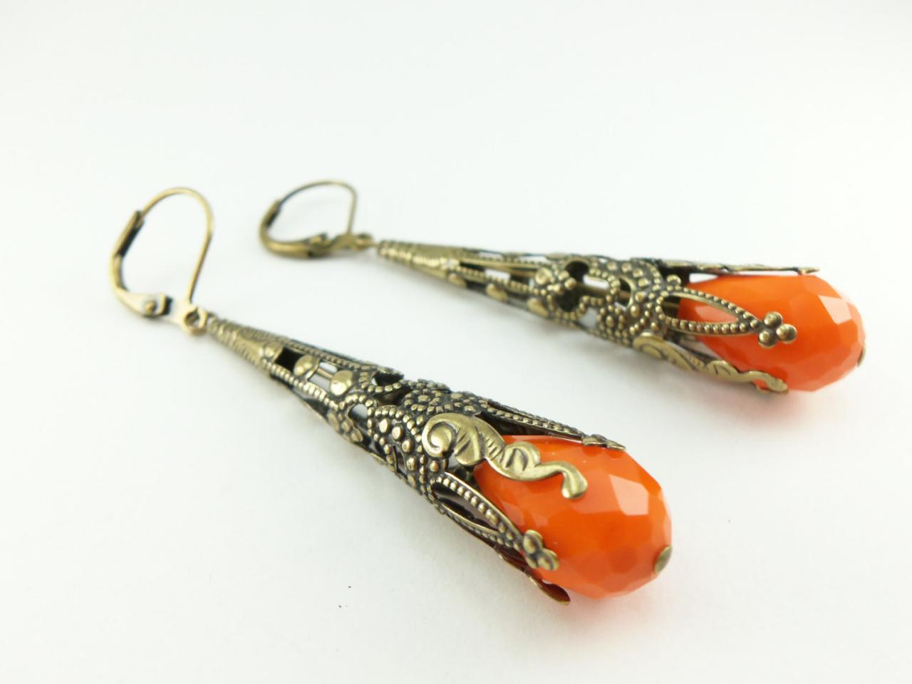 Orange Earrings Brass Filigree Leverback Dangle Earrings Teardrop Earrings Victorian Jewelry