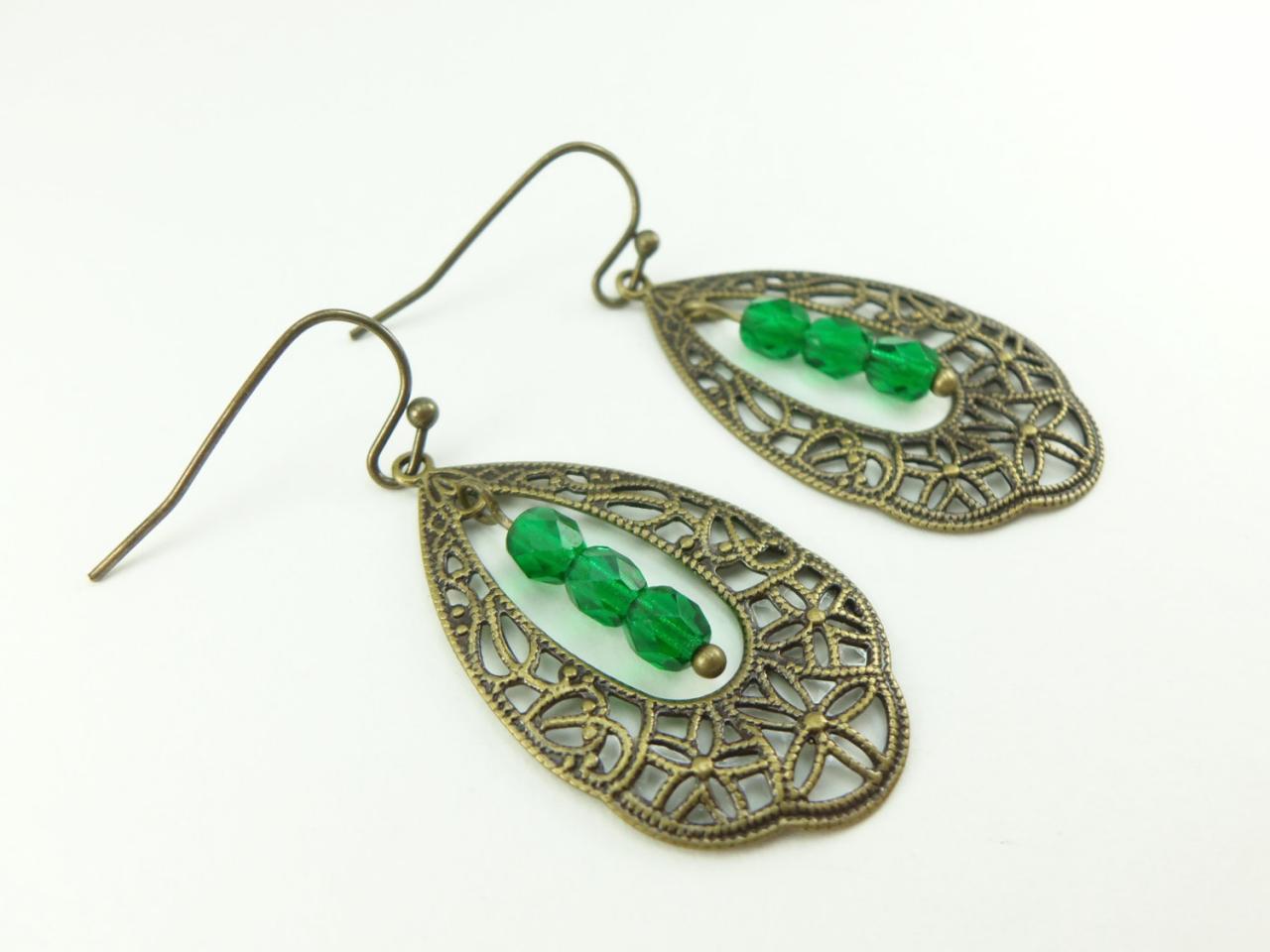 Green Earrings Brass Filigree Teardrop Earrings Victorian Style Dangle Earrings