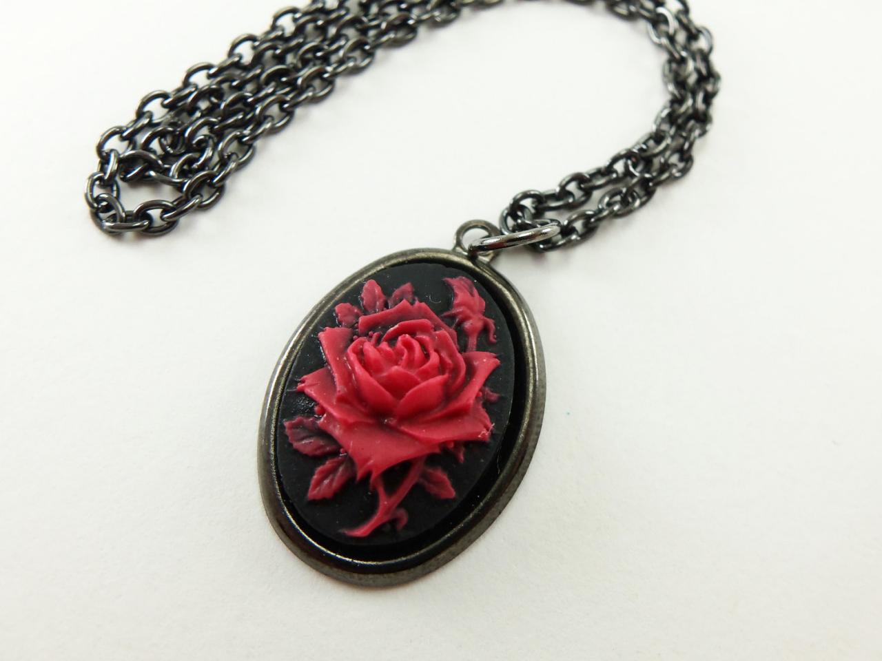 Black And Red Rose Necklace Dark Rose Jewelry Gunmetal Dark Silver Necklace Victorian Style Jewelry