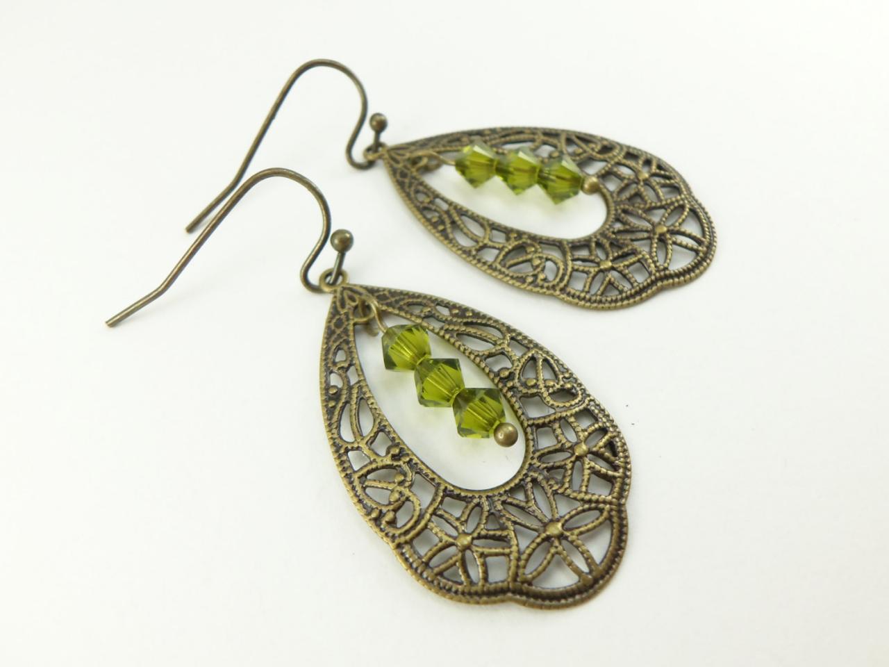 Brass Drop Earrings Filigree Dangle Earrings Olive Green Brass Victorian Jewelry
