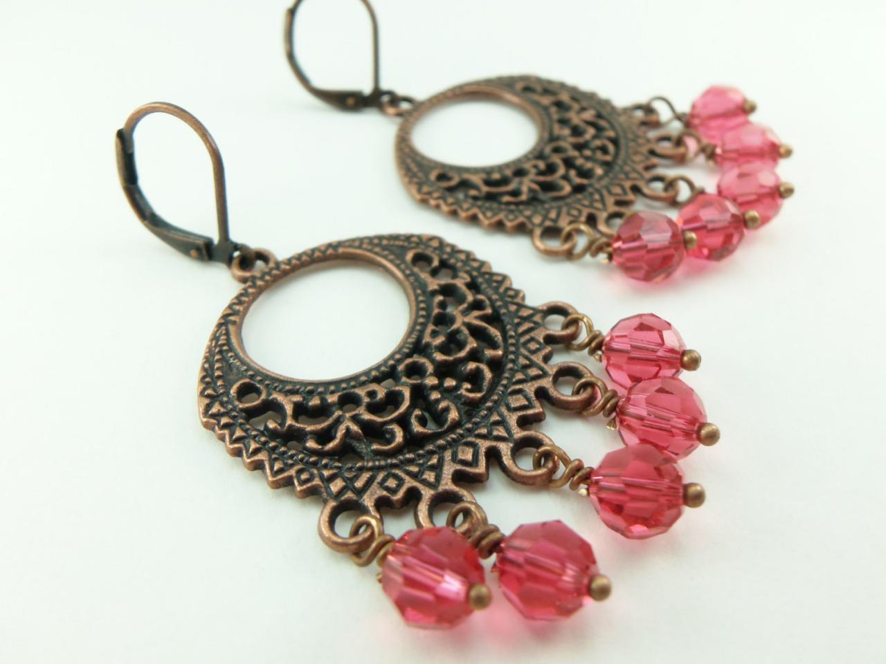Pink And Copper Chandelier Earrings Boho Style Jewelry Indian Pink Swarovski Crystal Earrings