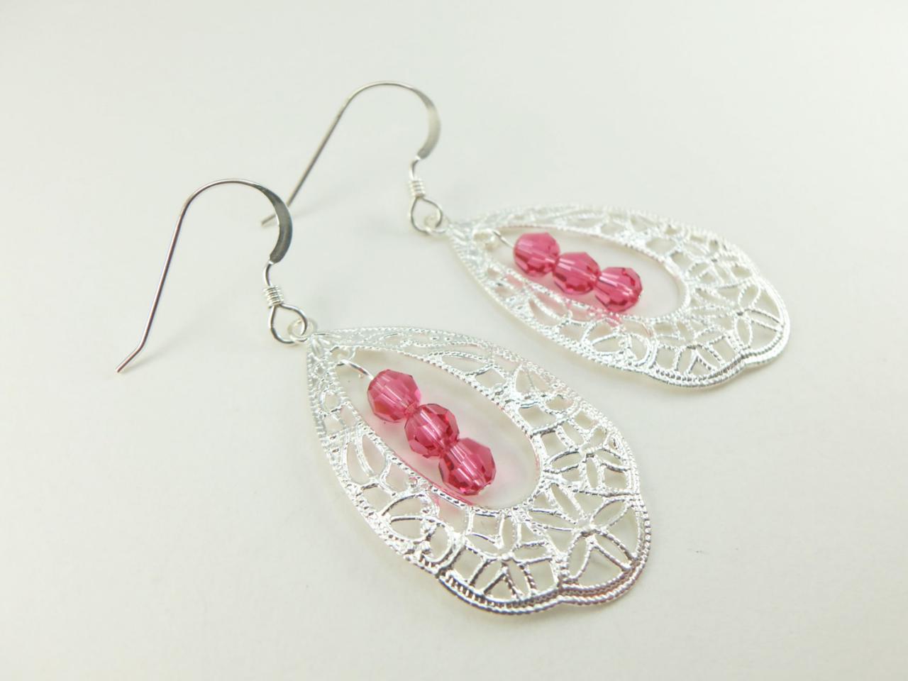 Pink And Silver Earrings Filigree Teardrop Earrings Swarovski Crystal Sterling Silver Earrings