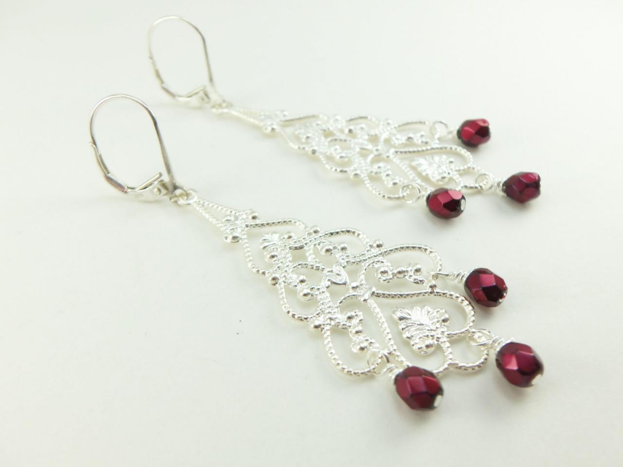 Silver Chandelier Earrings Red Metallic Filigree Triangle Earrings Wedding Earrings