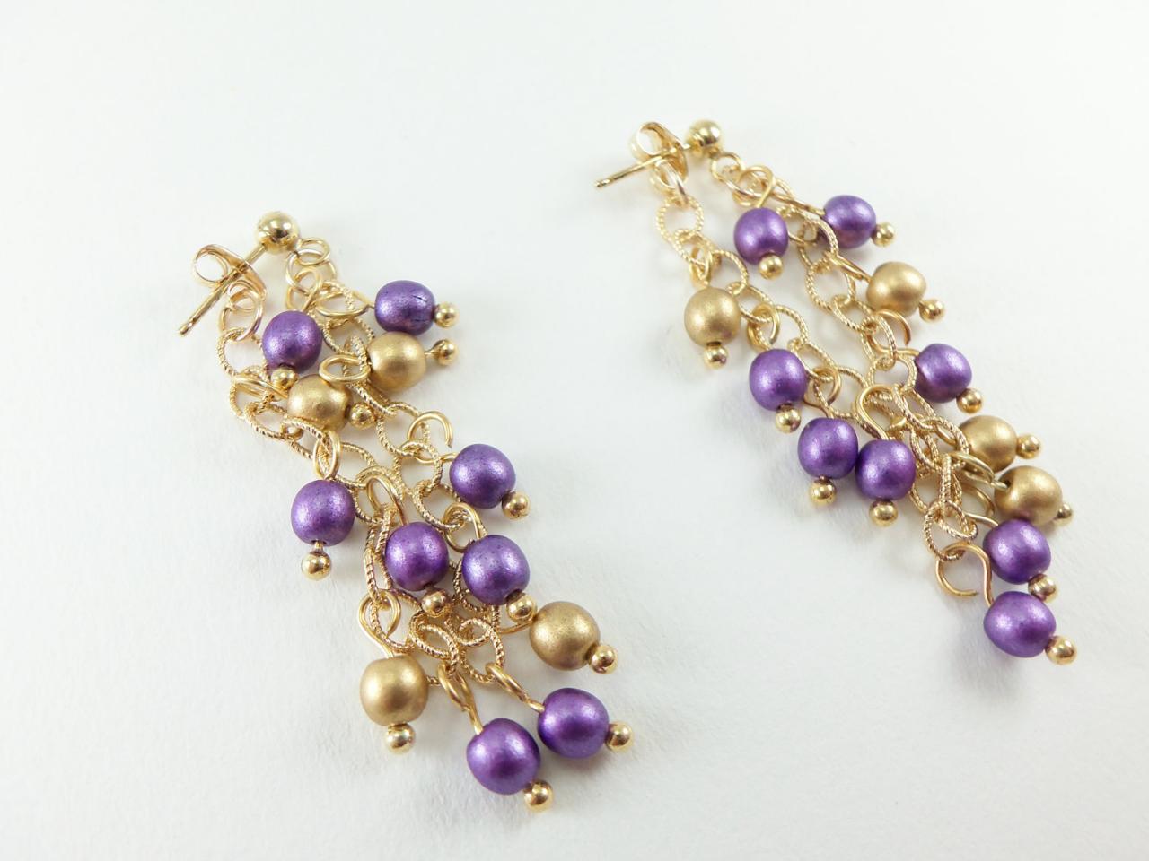 Gold Dangle Earrings Chain Earrings Purple Earrings 14k Gold Jewelry Purple And Gold Stud Earrings