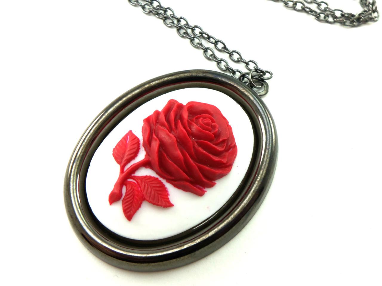 Large Red Pendant Red Rose Necklace White Cameo Necklace Dark Silver Gothic Statement Necklace