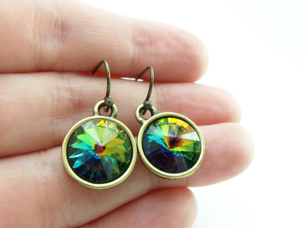 Rainbow Earrings Antiqued Brass Crystal Earrings Rainbow Crystal Modern Drop Earrings