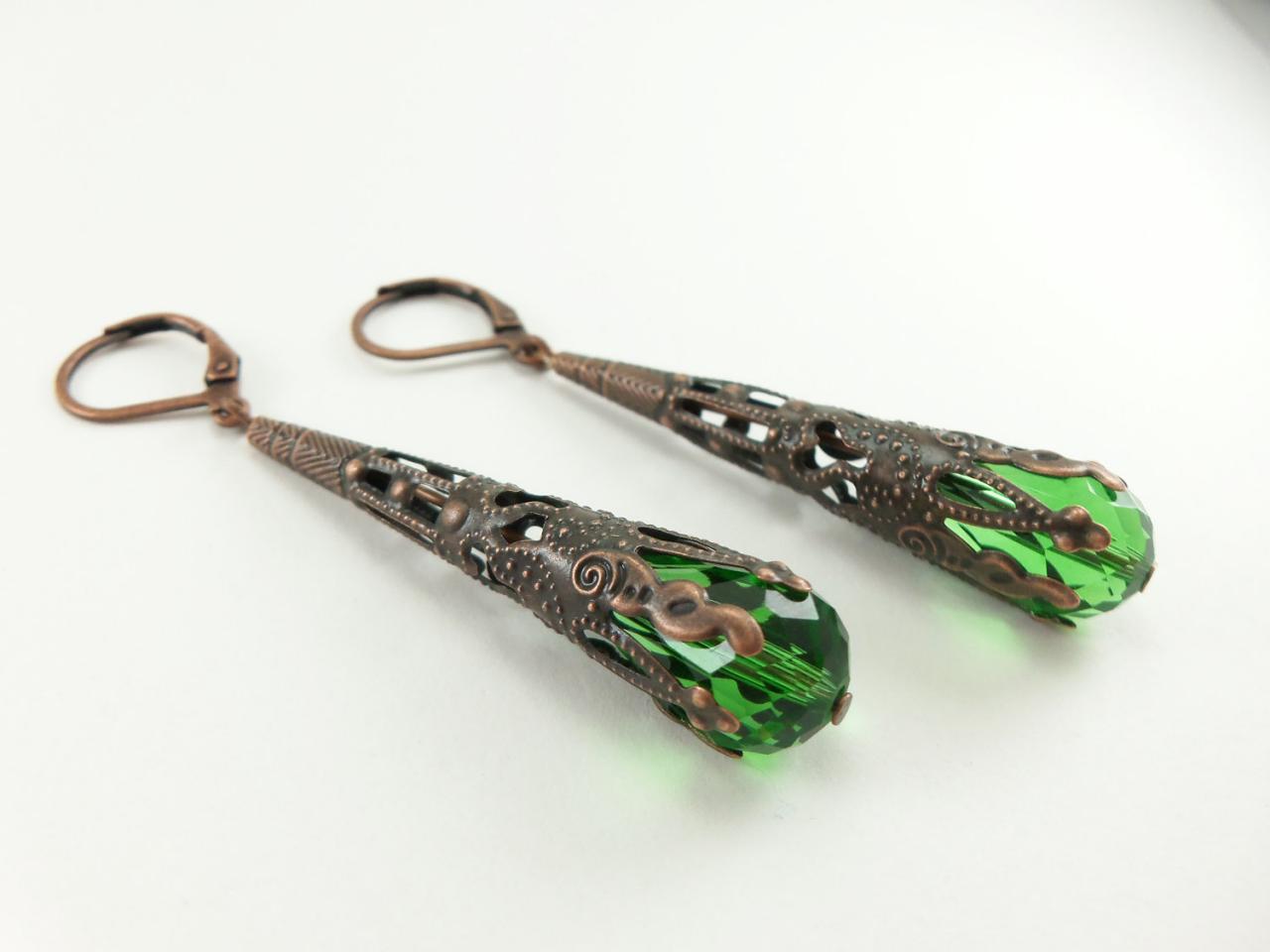 Green Dangle Copper Earrings Long Dangle Filigree Earrings Steampunk Victorian