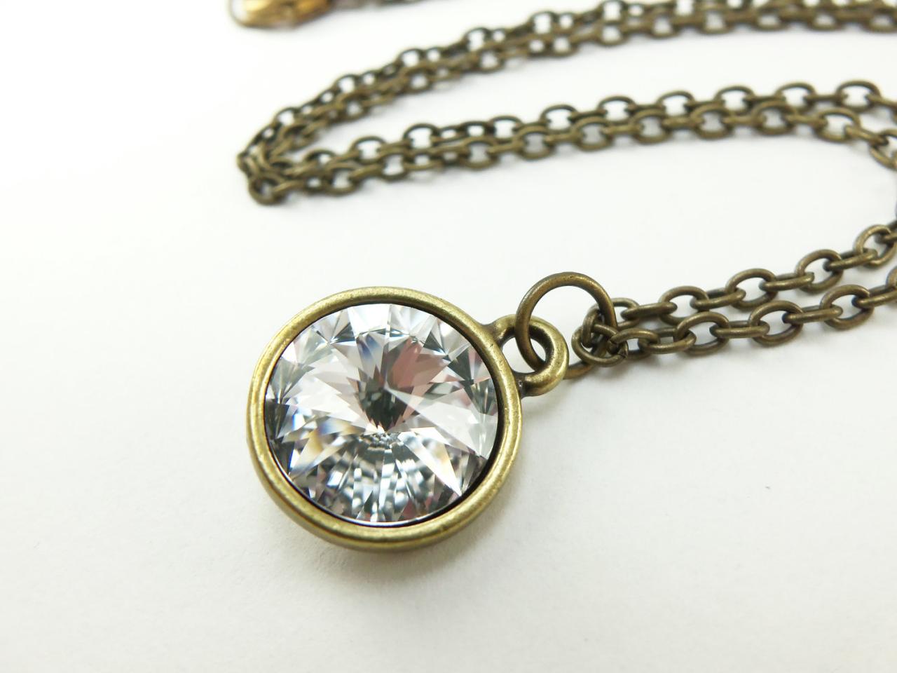 Clear Crystal Necklace Swarovski Clear Rivoli Brass Jewelry Modern Necklace