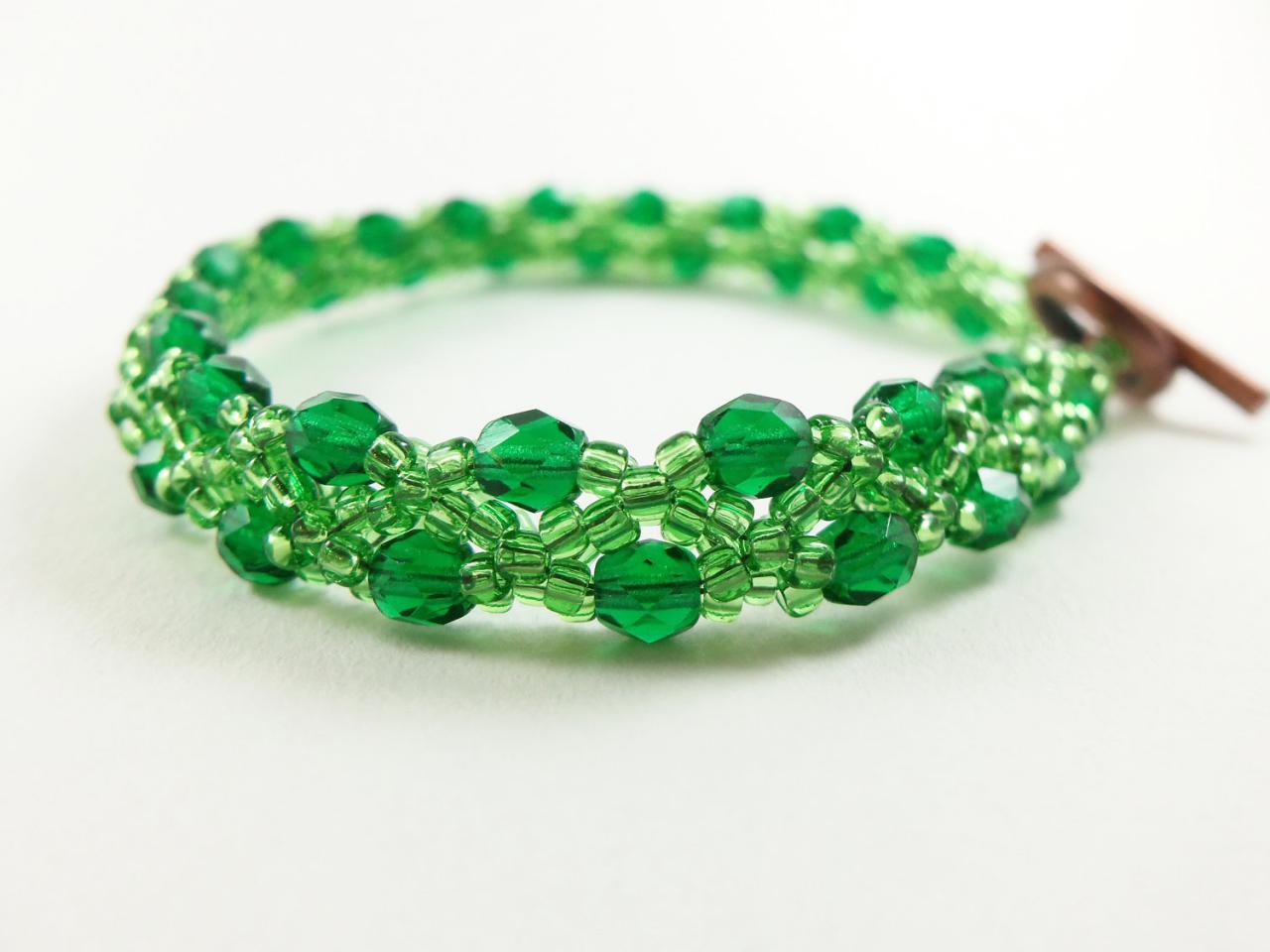 Emerald Green Bracelet Beaded Beadwork Jewelry Earthy Copper