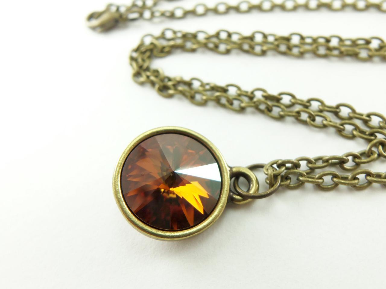 Dark Amber Crystal Necklace Brass Brown Jewelry Modern Rivoli Necklace