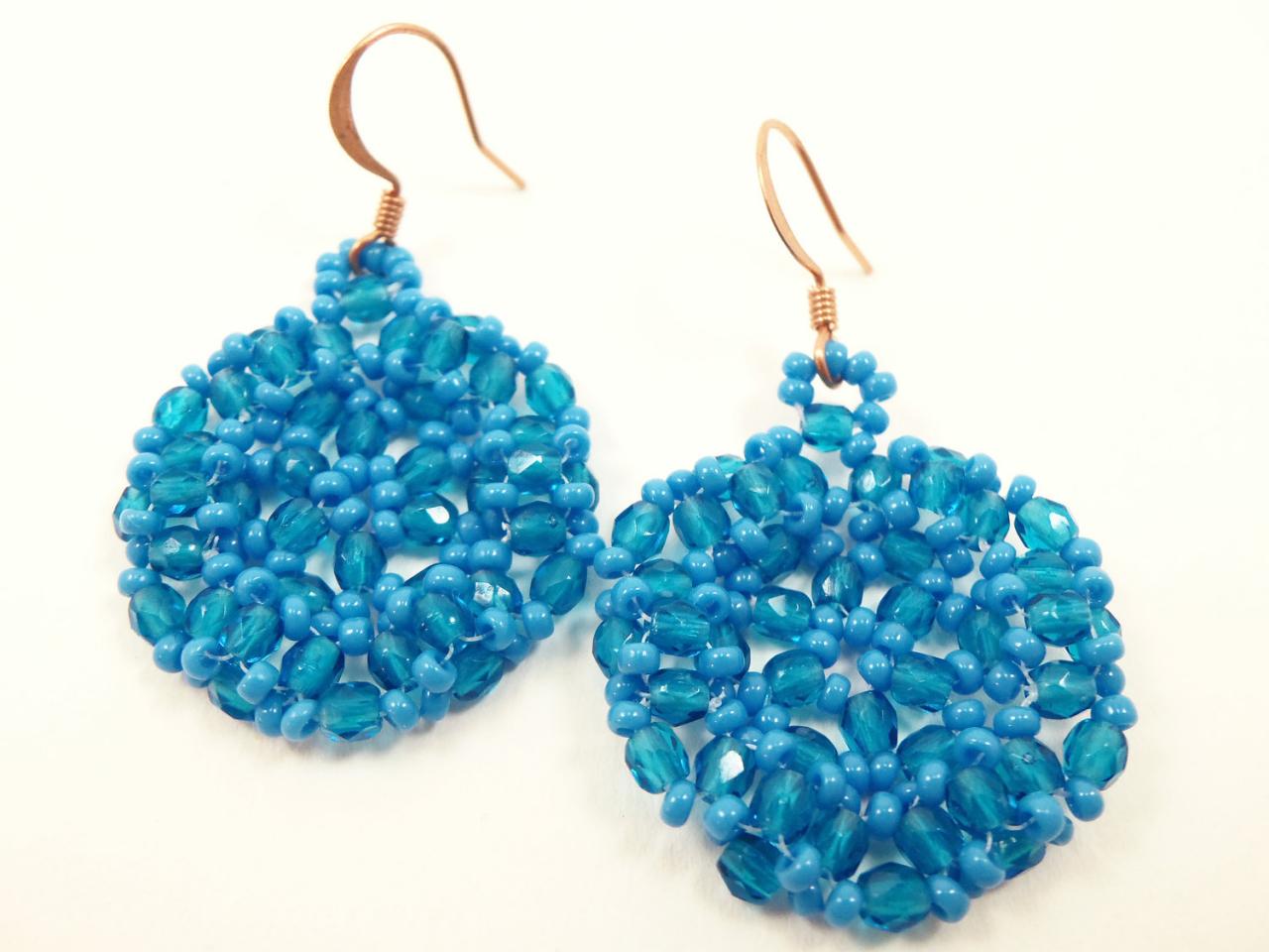 Electric Blue Beaded Earrings Blue Circle Jewelry Bright Copper Earwires