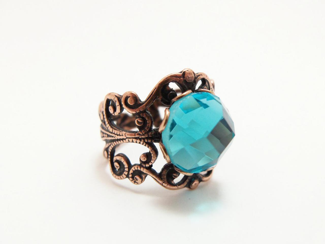 Aqua Ring Copper Jewelry Adjustable Ring Victorian Style Aqua Blue Ring Filigree