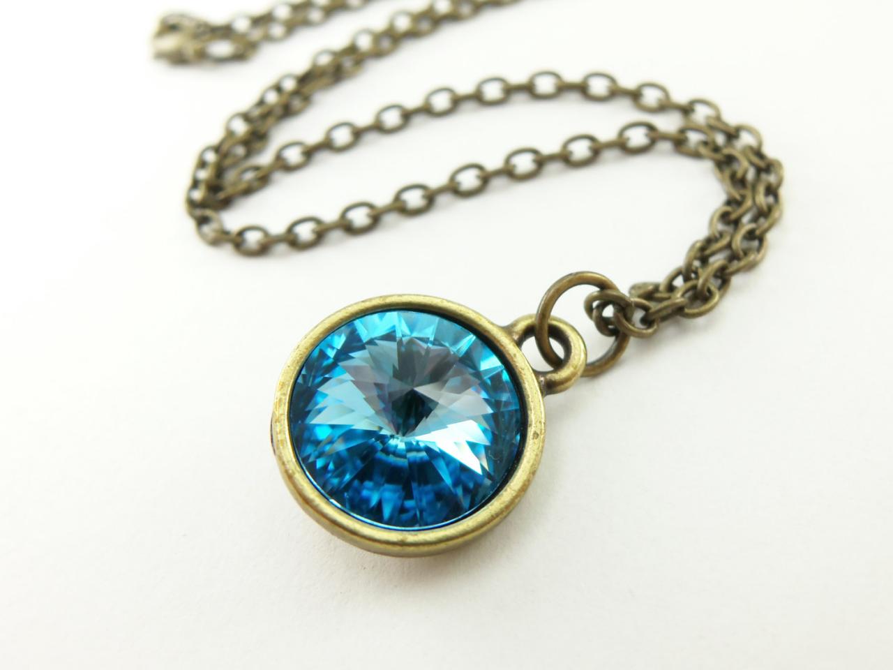 Aqua Crystal Necklace March Birthstone Jewelry Antiqued Brass Necklace Aqua Crystal Pendant