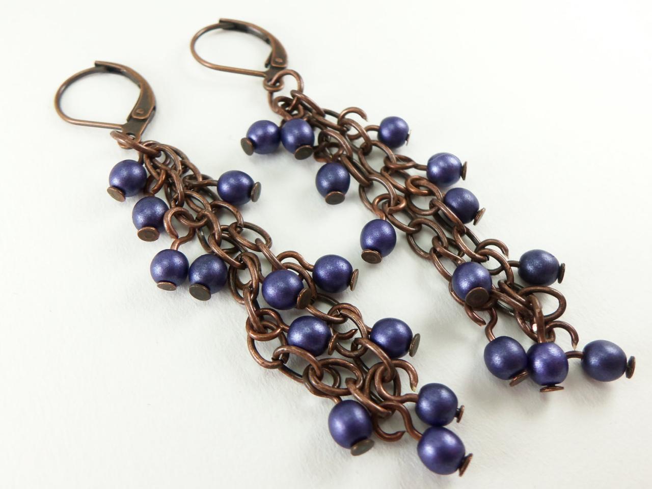 Beaded Earrings Dark Purple Jewelry Antiqued Copper Earrings Leverback Earrings Beaded Jewelry