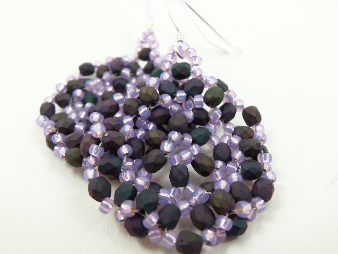 Dark Purple Beaded Earrings Lilac Jewelry Circle Earrings Sterling Silver