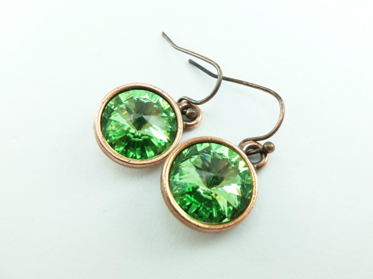 Peridot Drop Earrings Crystal Drop Earrings Antiqued Copper Earrings Swarovski Crystal August Birthstone