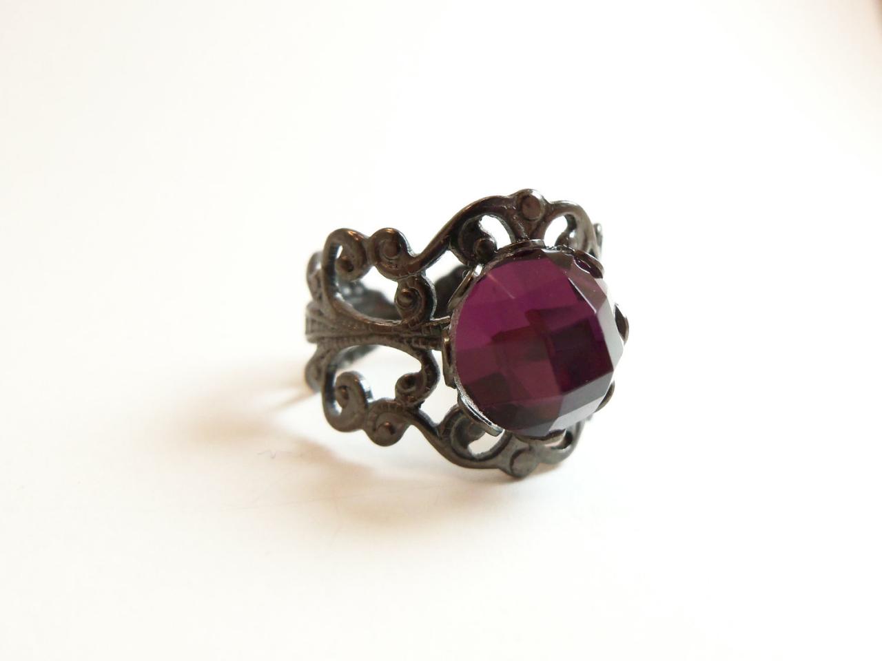 Dark Purple Adjustable Ring Dark Silver Ring Purple Jewelry Victorian Style Gunmetal