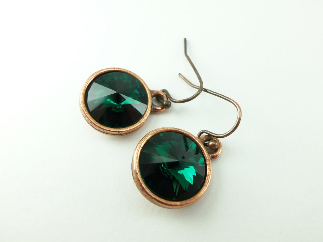 Emerald Copper Earrings Crystal Earrings May Birthstone Earrings Birthstone Jewelry Emerald Dangle Earrings Copper