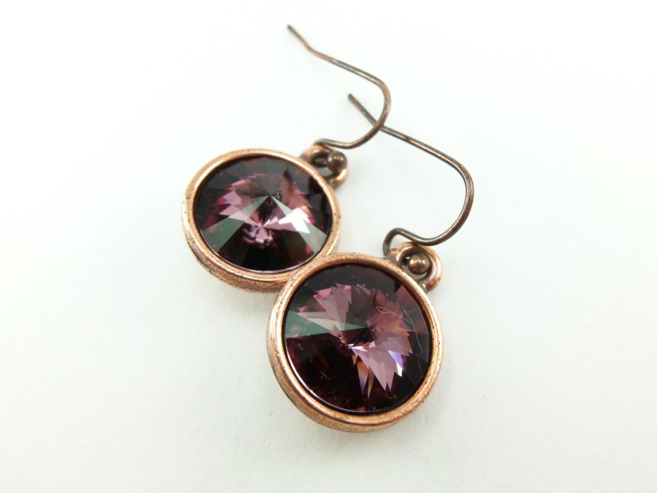 Mauve Earrings Antique Pink Drop Earrings Crystal Dangle Earrings Dark Pink Purple Earrings Copper Dangle Earrings