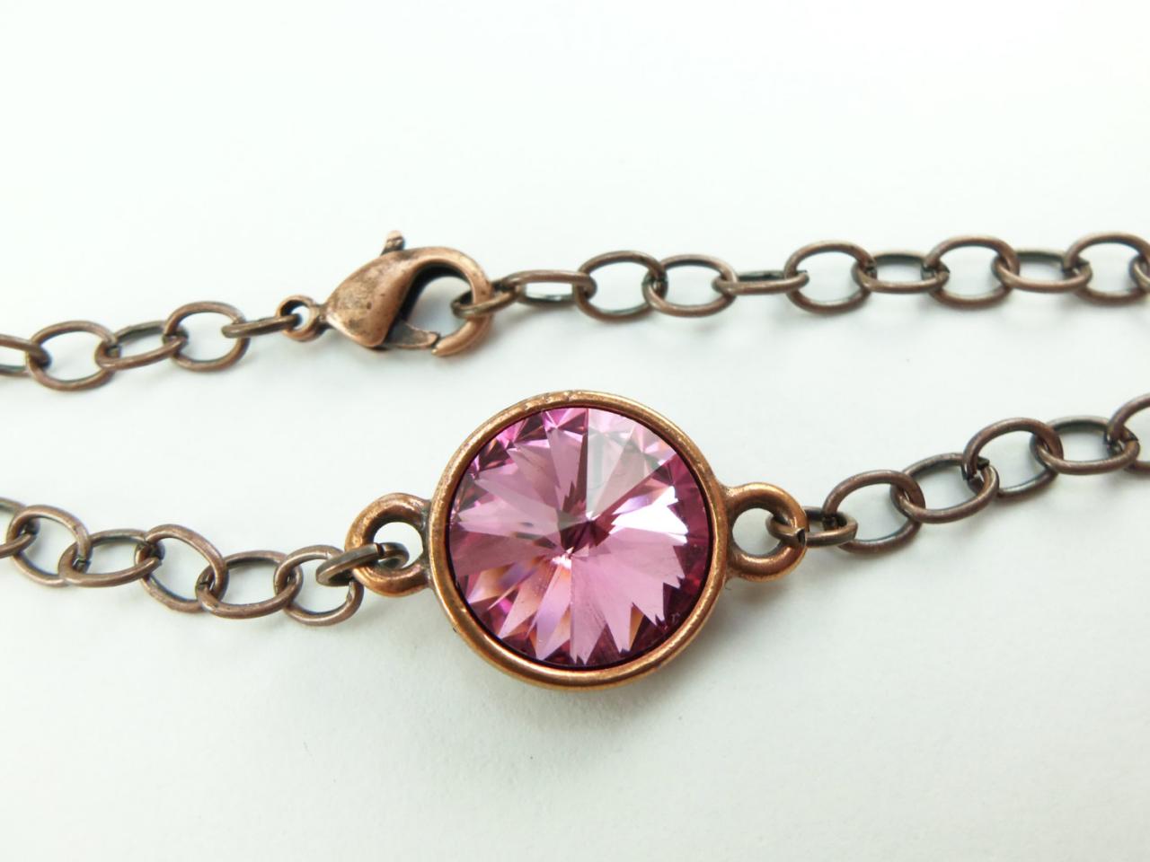 Rose Bracelet Copper Bracelet Crystal Chain Bracelet Rose Pink Crystal Copper Chain Bracelet