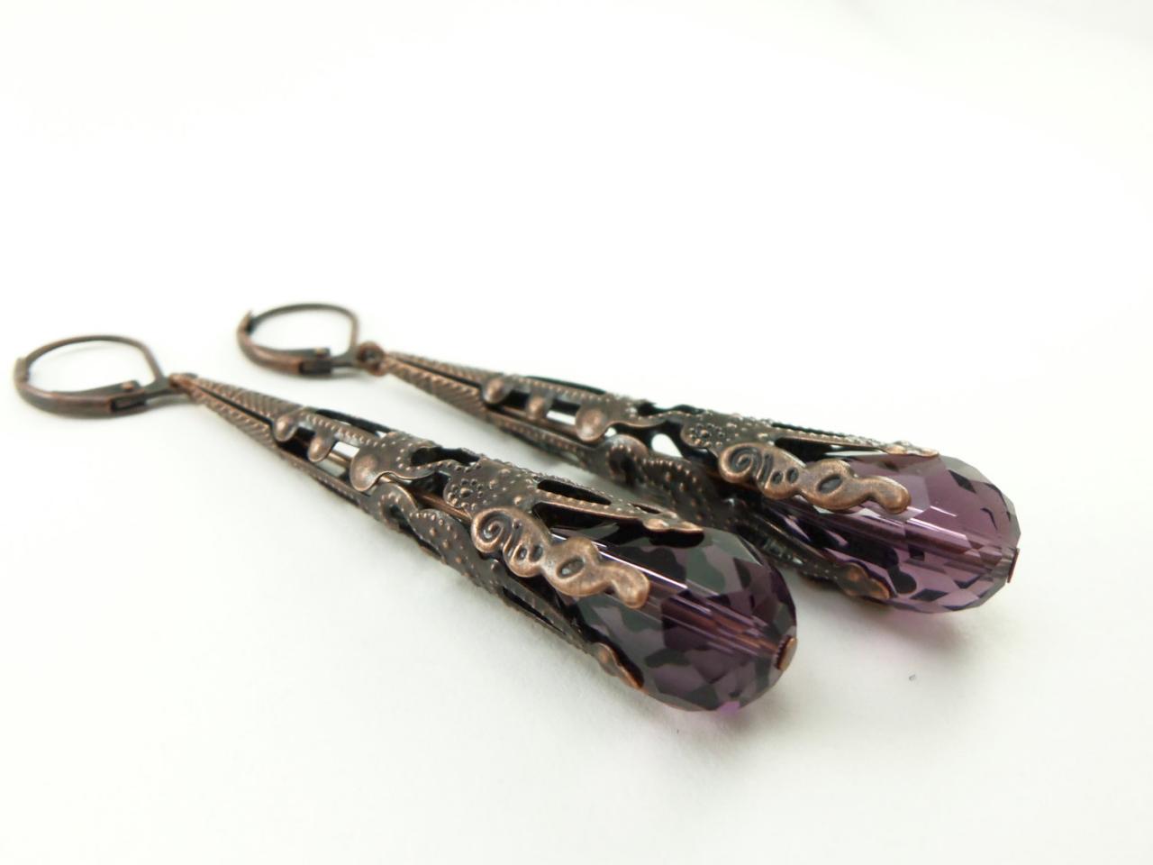 Purple Copper Dangle Earrings Filigree Antiqued Copper Steampunk Earrings Long Cone Leverback