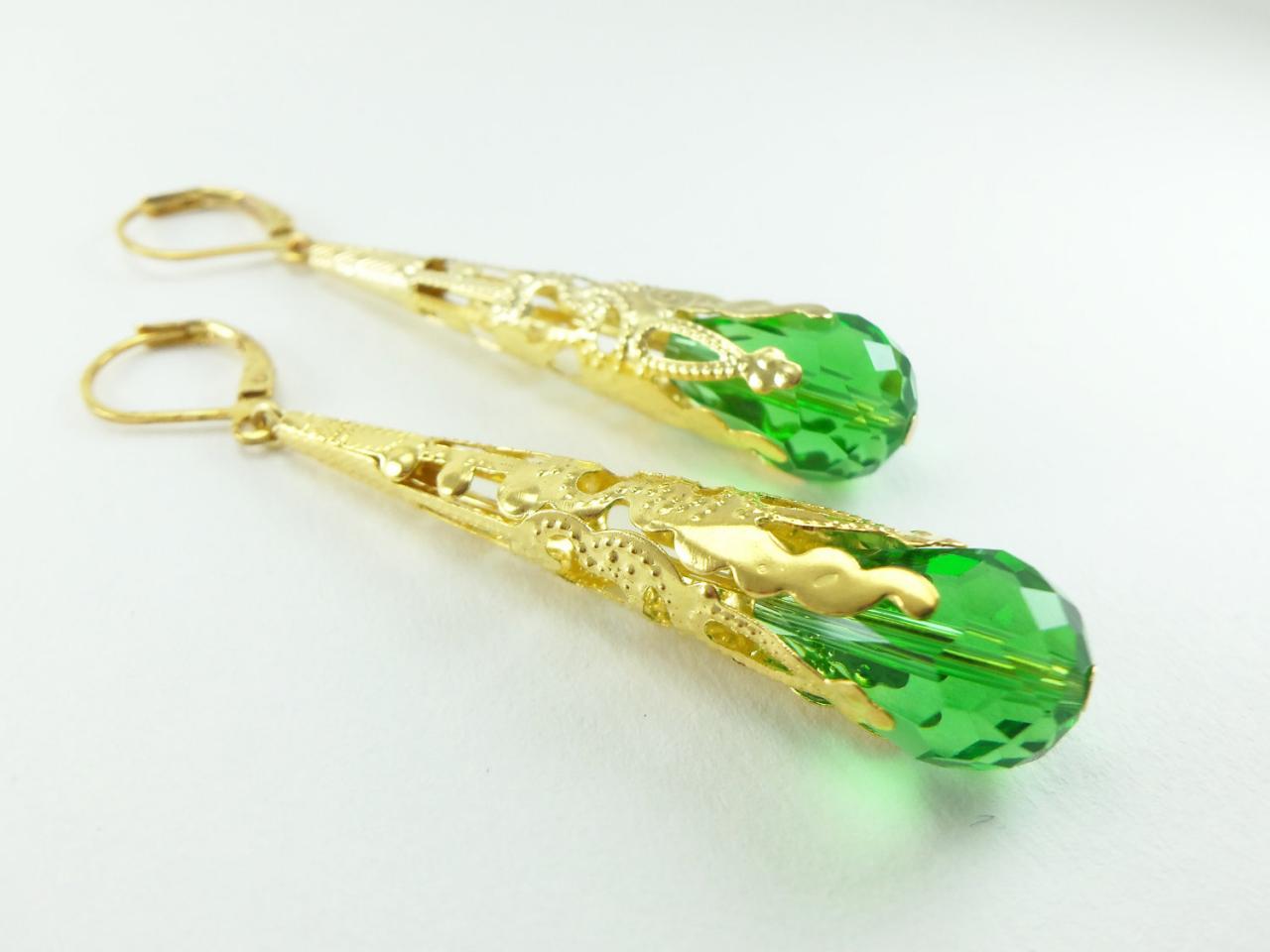 Green And Gold Earrings Leverback Dangle Earrings Victorian Jewelry Filigree Earrings Long Dangle