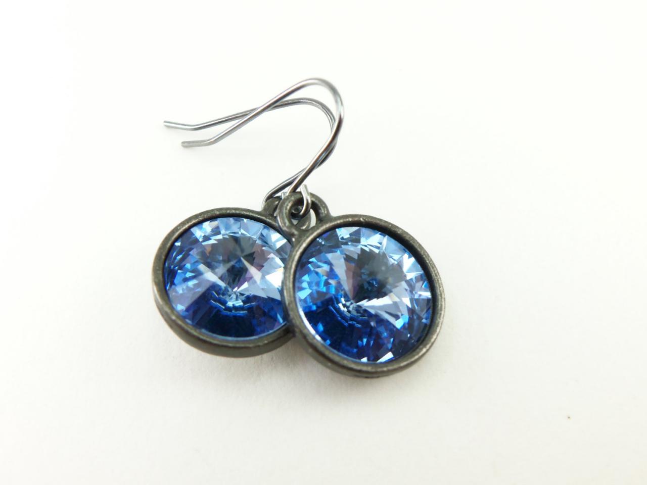 Light Sapphire Earrings Dark Silver Crystal Earrings Drop Earrings Gunmetal Light Blue Earrings Dangles