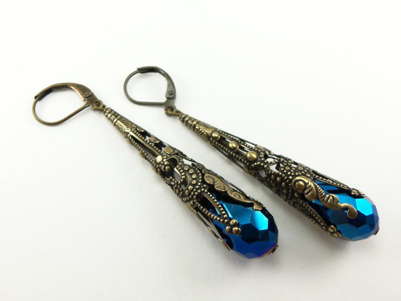 Long Brass Filigree Earrings Metallic Blue Dark Blue Jewelry Dangle