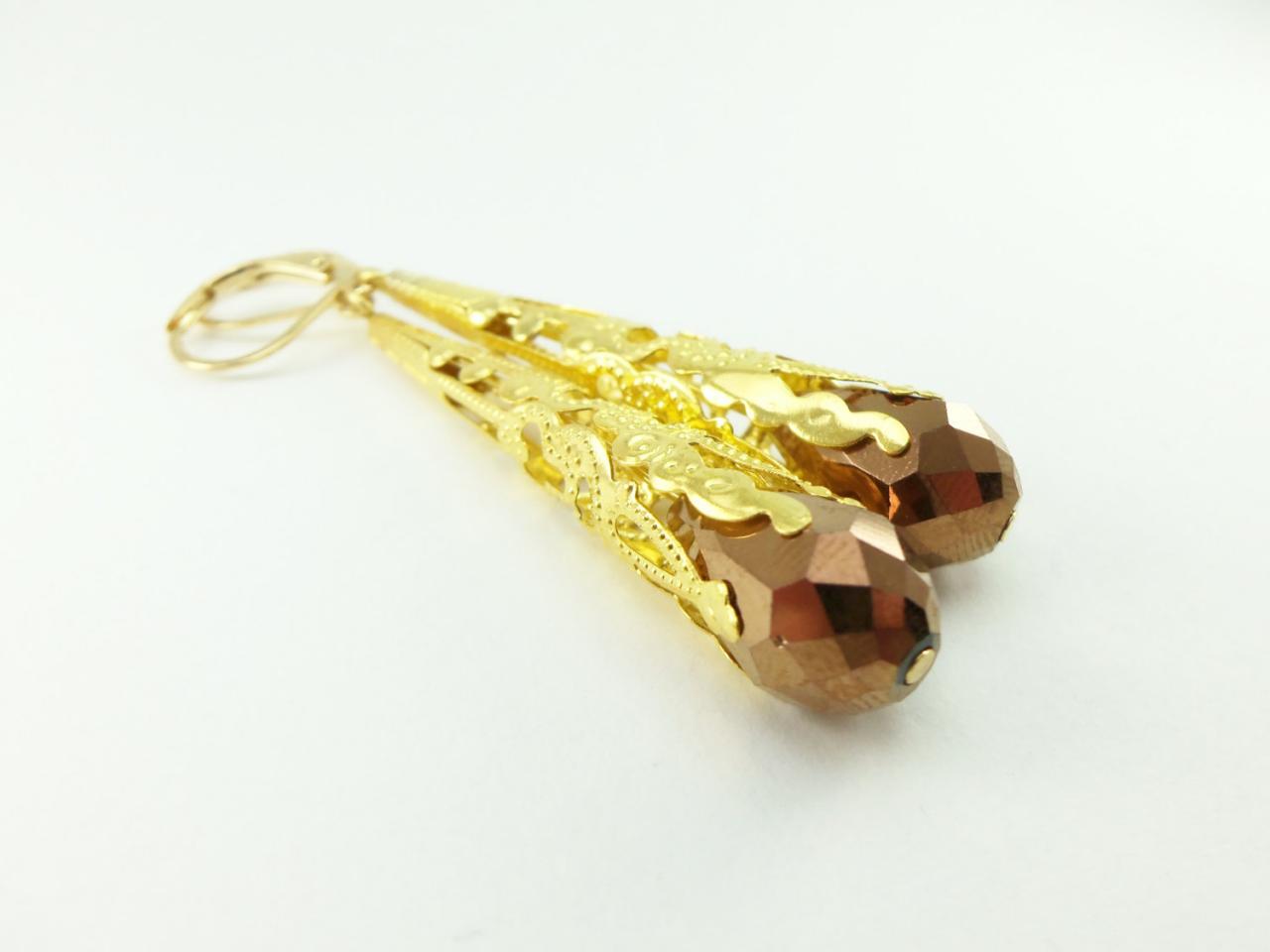 Long Gold Earrings Copper Beaded Earrings Gold Filigree Cone Earrings Victorian