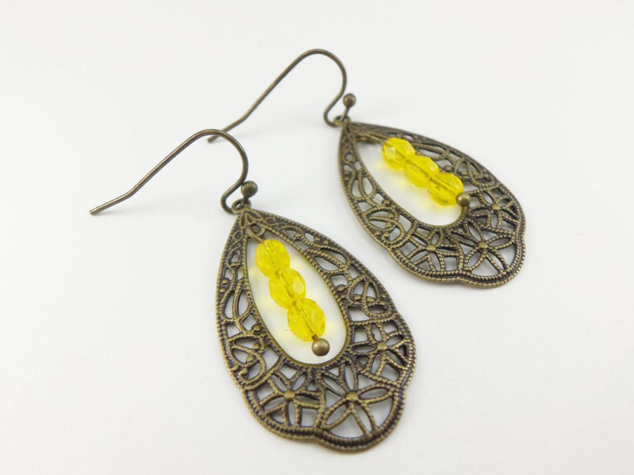 Bright Yellow Earrings Victorian Brass Teardrop Earrings Filigree Dangle Earrings Beaded Yellow Earrings