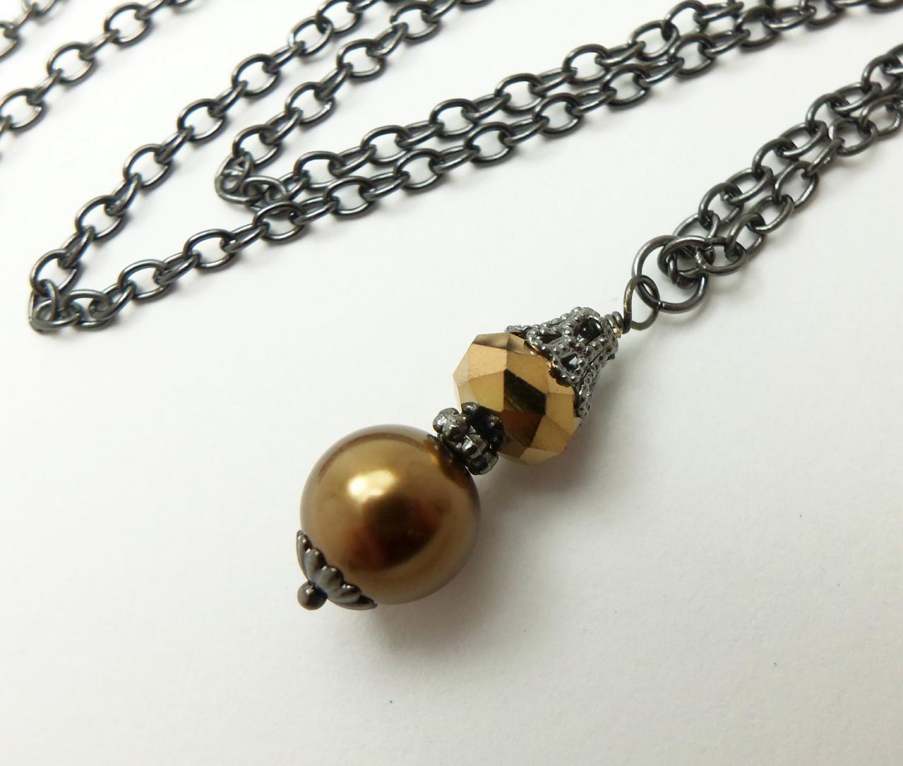 Dark Gold Necklace Gothic Victorian Jewelry Beaded Gold Dark Necklace Gunmetal