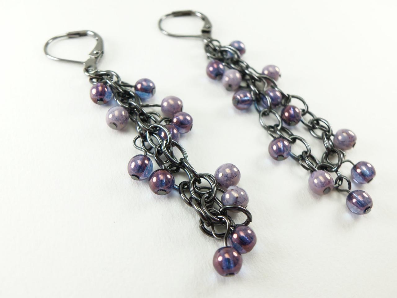 Chain Earrings Dark Silver Leverback Earrings Amethyst Beaded Gunmetal Jewelry Purple