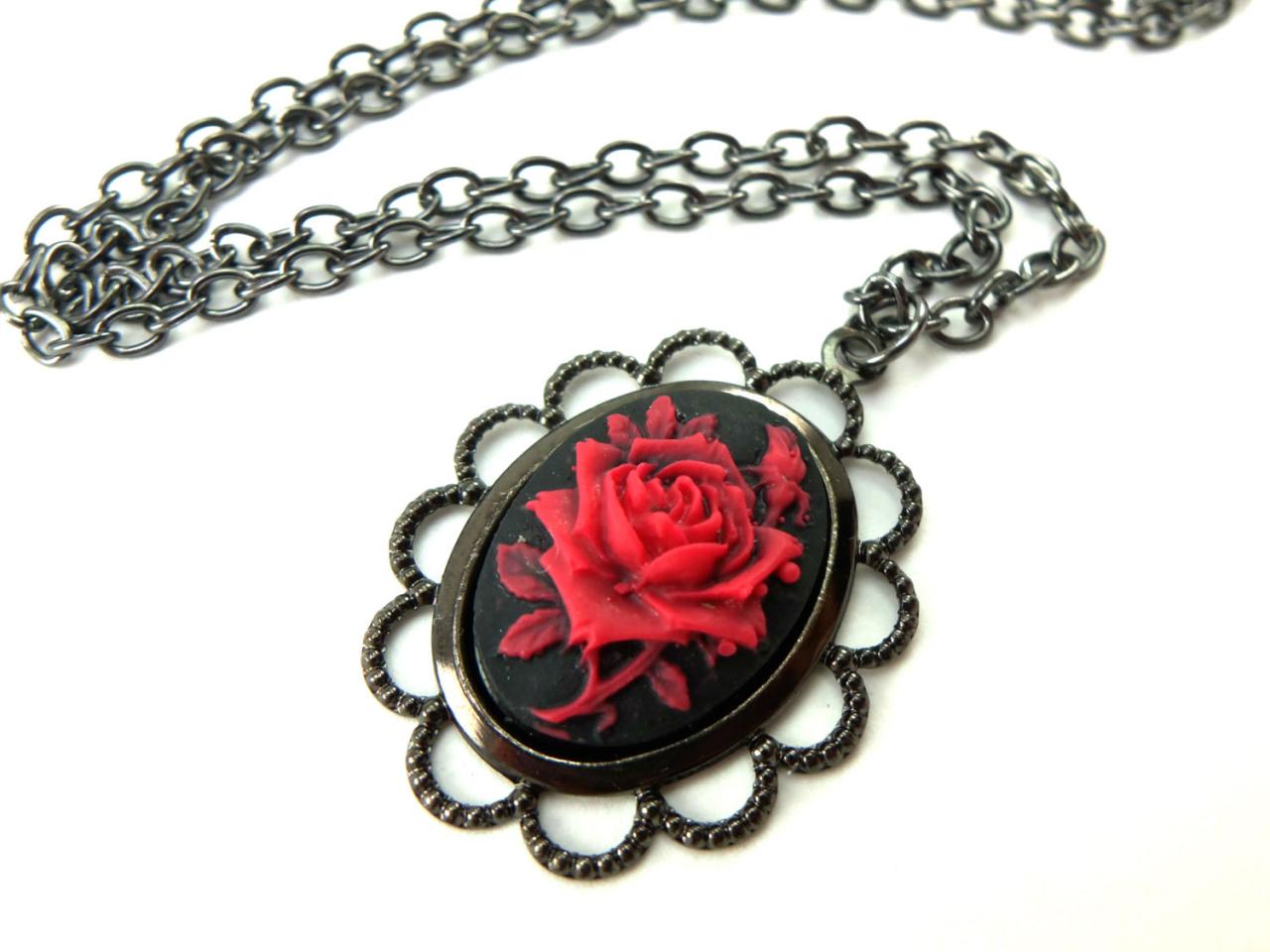 Gothic Rose Necklace Black Red Rose Cameo Pendant Dark Victorian Jewelry Gunmetal