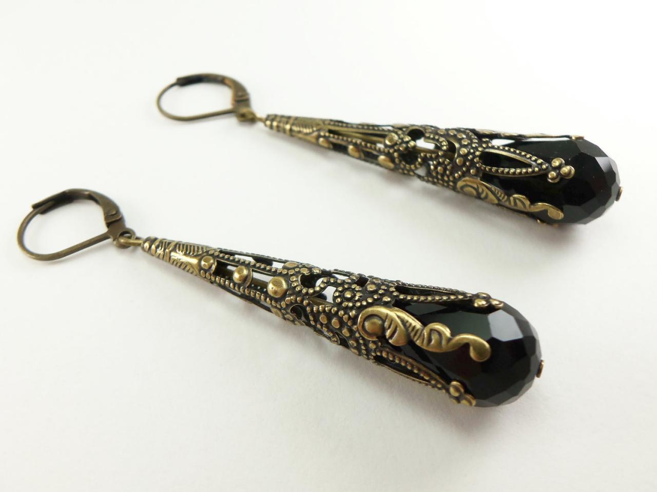 Jet Black Dangle Earrings Antiqued Brass Victorian Jewelry Steampunk