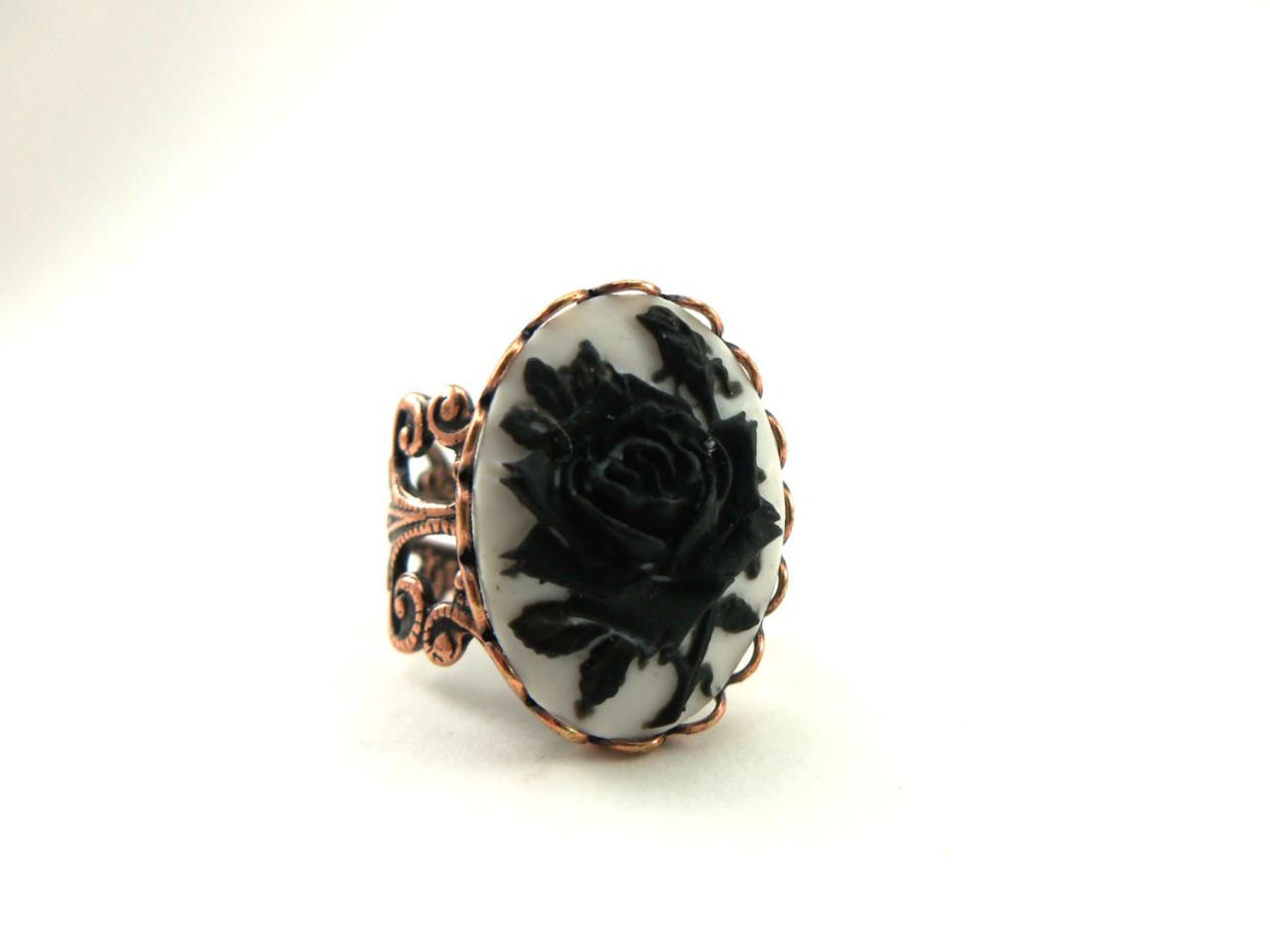 Cameo Ring Copper Cocktail Ring Victorian Filigree Adjustable Ring Rose Jewelry Black White Copper Jewelry Copper Ring