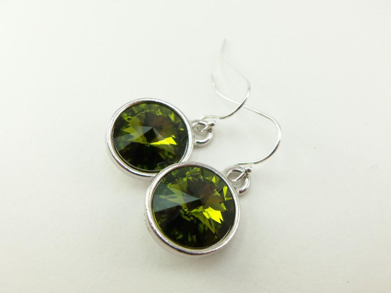 Olive Sterling Silver Dangle Earrings Crystal Drop Earrings Green Earrings Crystal Jewelry
