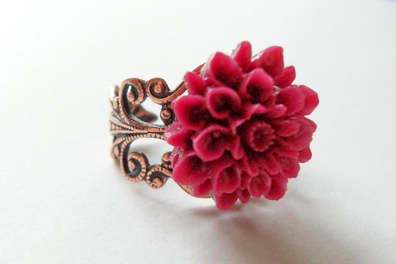 Red Flower Ring Adjustable Ring Red Copper Flower Jewelry Victorian Style Filigree