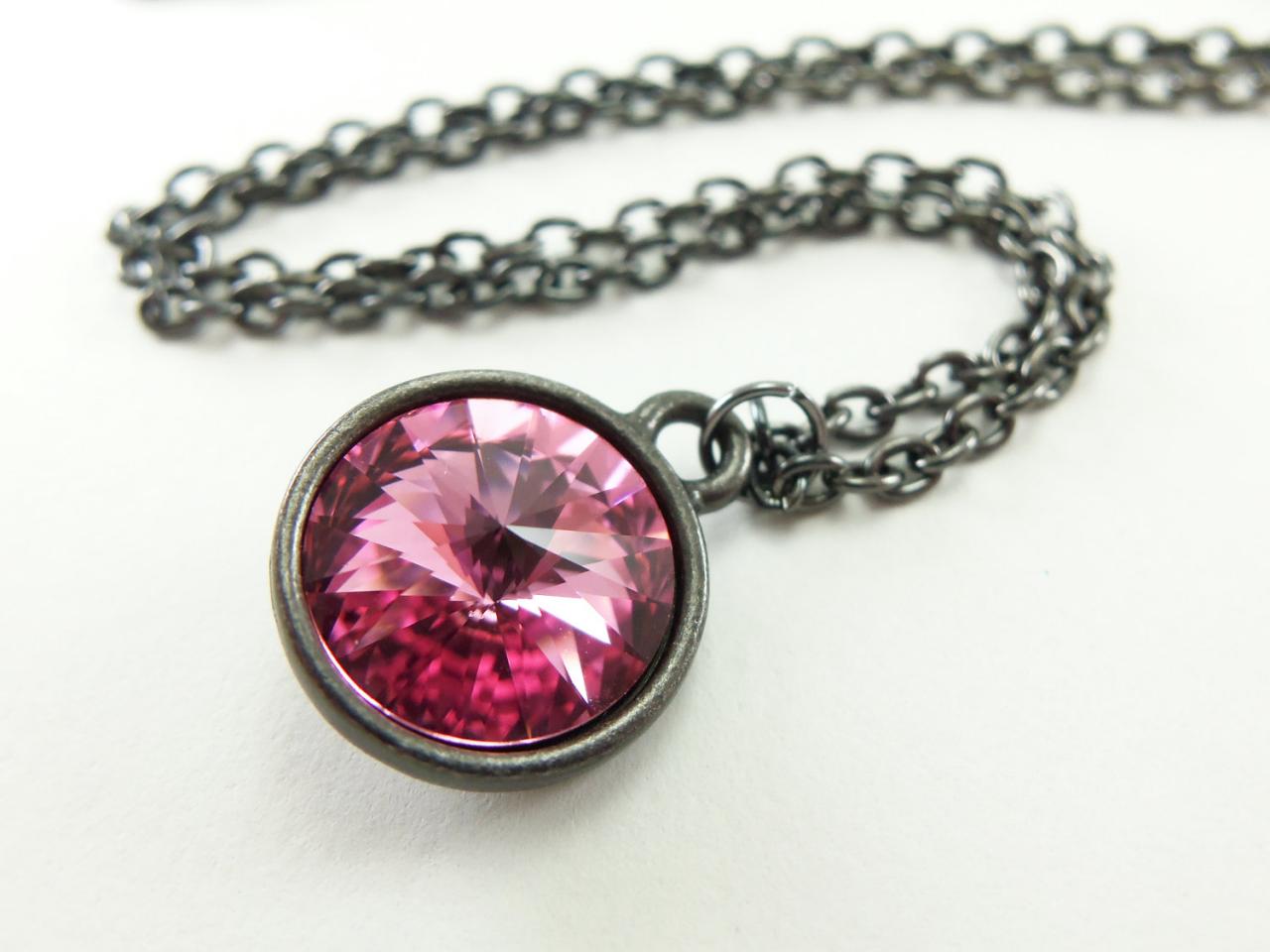 Pink Necklace Pink Jewelry Dark Silver Necklace Crystal Rivoli