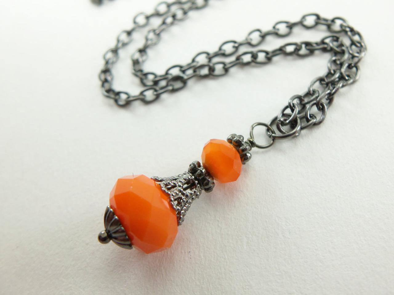 Orange Necklace Victorian Style Jewelry Gunmetal Necklace Beaded