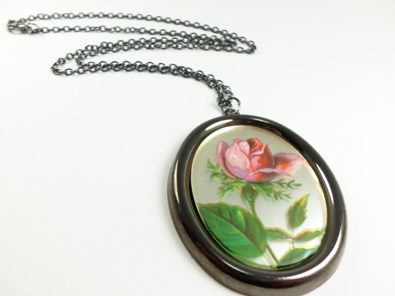 Rose Pendant Necklace Large Pendant Glass Pendant Red Rose Necklace