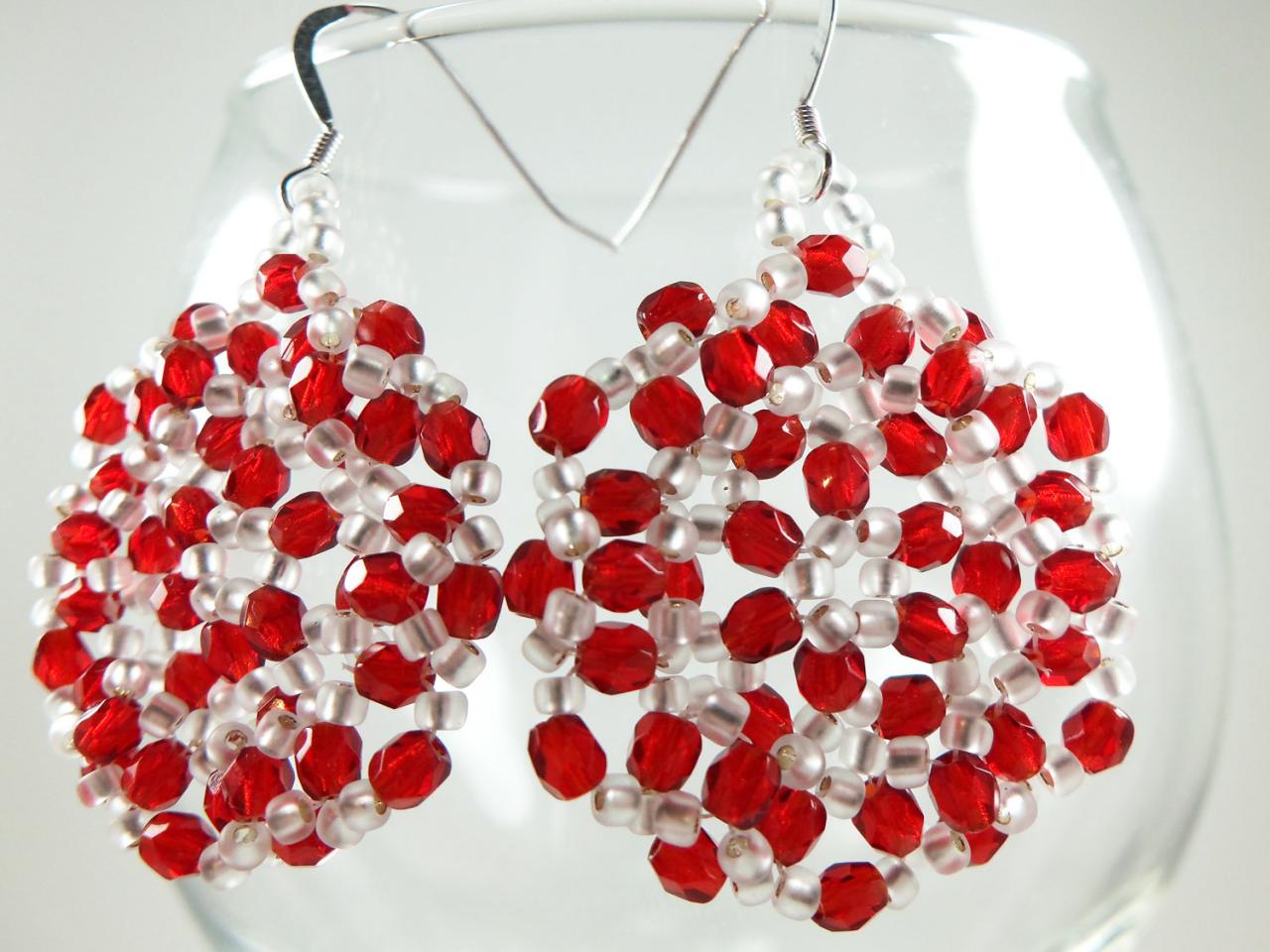 Red Beaded Earrings Beaded Jewelry Red And White Circle Earrings Sterling Silver