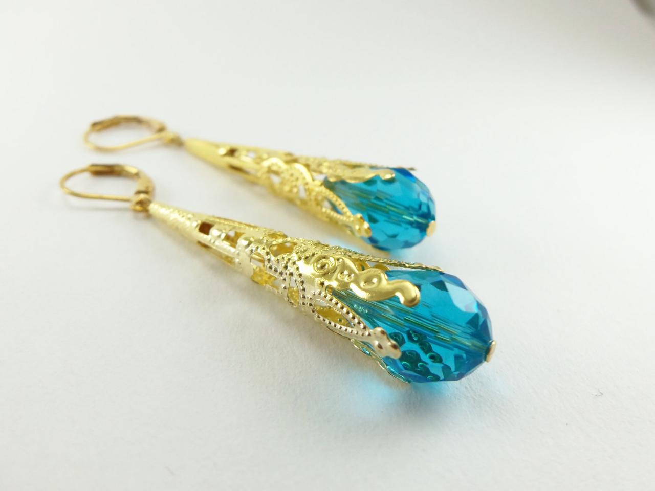 Aqua Earrings Leverback Gold Dangle Earrings Victorian Jewelry Filigree Earrings Long Dangle