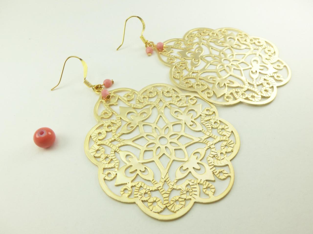 Coral Gold Earrings Large Filigree Boho Chic Large Statement Jewelry Metal