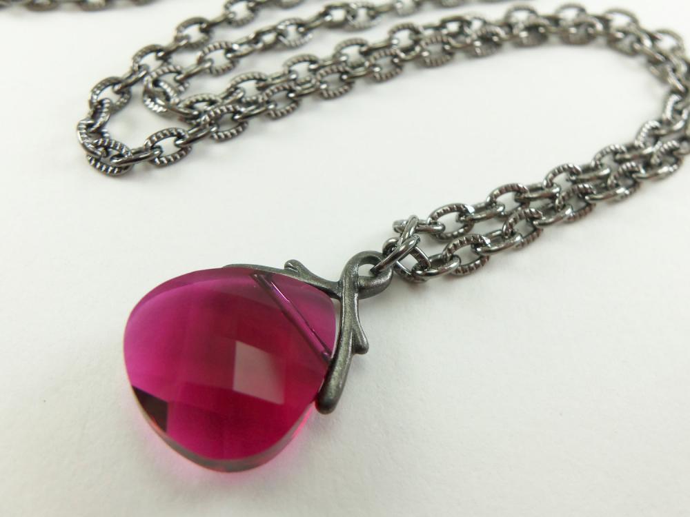 Ruby Red Crystal Necklace July Birthstone Dark Silver Jewelry Briolette Necklace