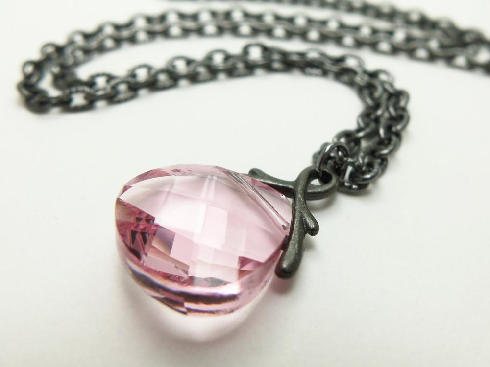 Crystal Pink Necklace Pink Jewelry Beaded Necklace Gun Metal Briolette Necklace