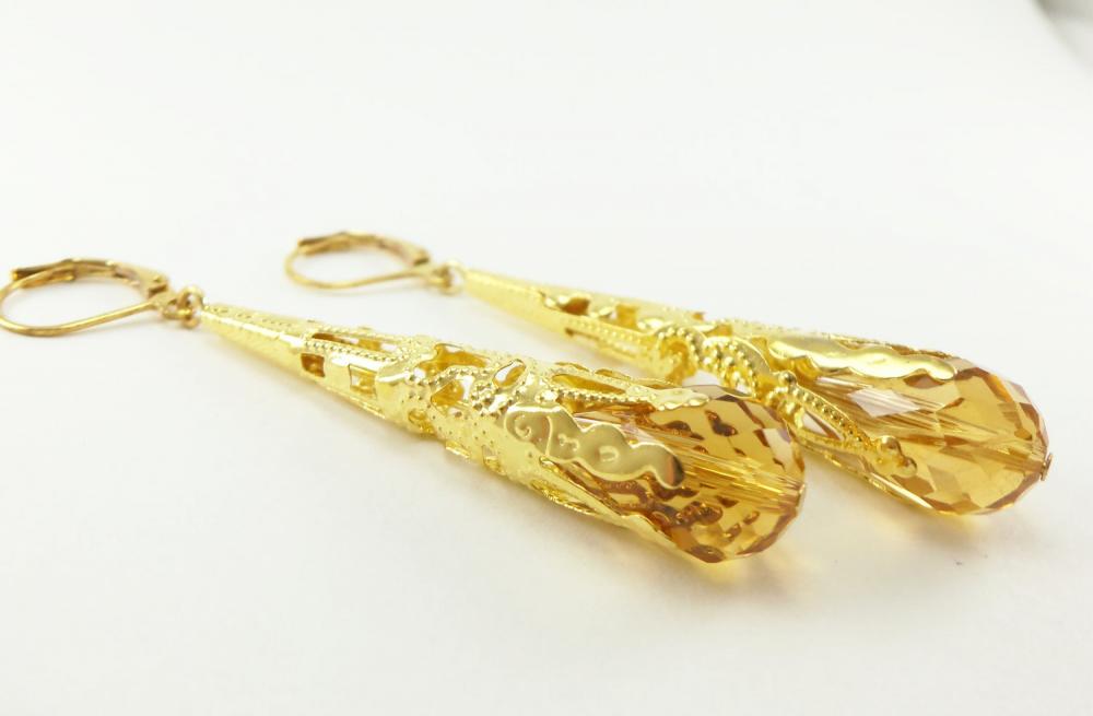 Honey Gold Earrings Long Dangle Earrings Gold Jewelry Golden Filigree Earrings
