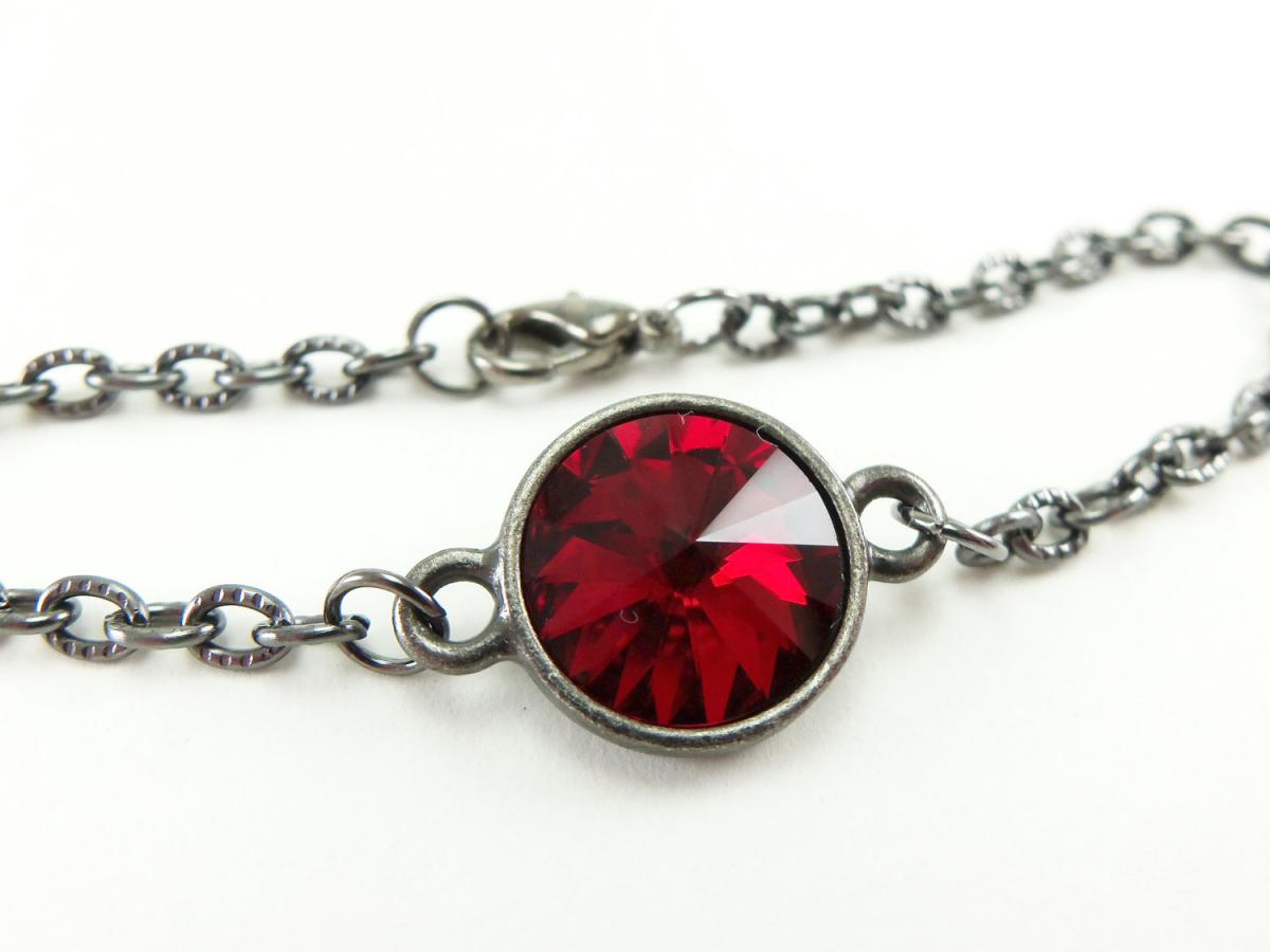 July Birthstone Bracelet Ruby Red Jewelry Red Crystal Bracelet Dark Silver Jewelry Gunmetal Rivoli Chain Bracelet